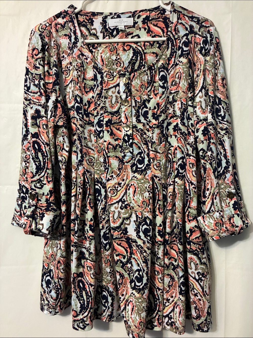 new directions Paisley Tunic Dress in Coral, Navy & Olive